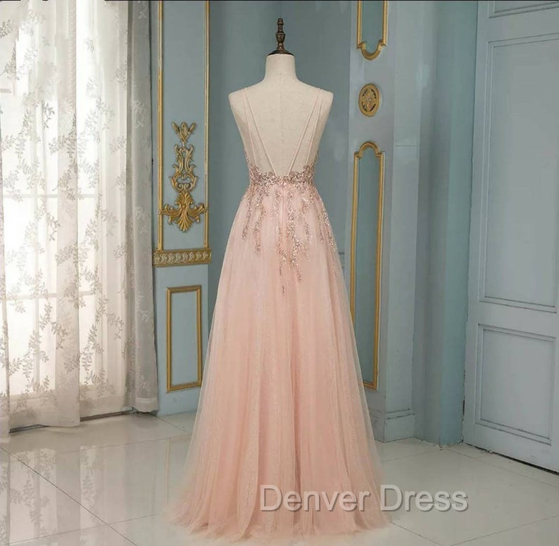 Elegant Long A Line V Neck Sequins Tulle Backless Prom Dresses