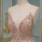 Elegant Long A Line V Neck Sequins Tulle Backless Prom Dresses