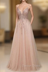 Elegant Long A-line V-neck Sequins Tulle Backless Prom Dresses