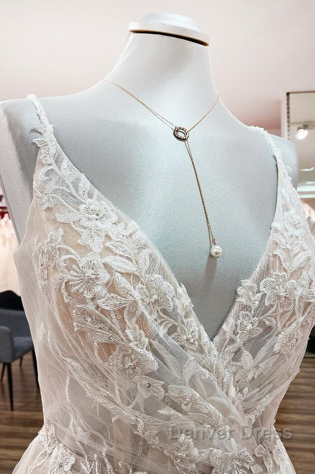 Elegant Long A Line V Neck Sleeveless Ruffles Backless Wedding Dresses