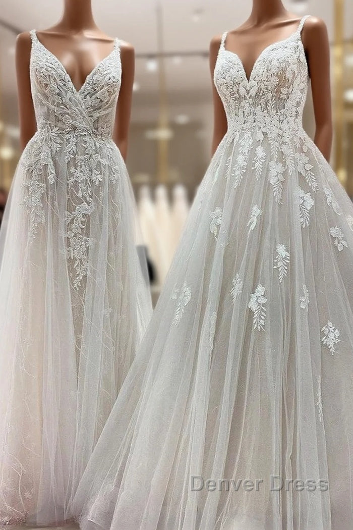 Elegant Long A Line V Neck Sleeveless Ruffles Backless Wedding Dresses Main image
