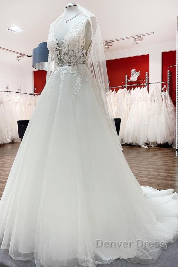 Elegant Long A-line V Neck Tulle Lace Open Back Wedding Dresses Secondary image