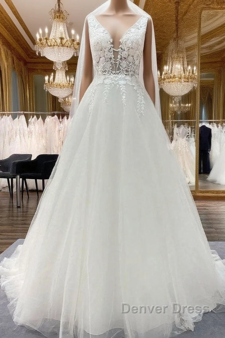 Elegant Long A-line V Neck Tulle Lace Open Back Wedding Dresses Main image