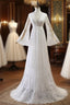 Elegant Long A-line V-Neck Tulle Lace Wedding Dresses with Sleeves