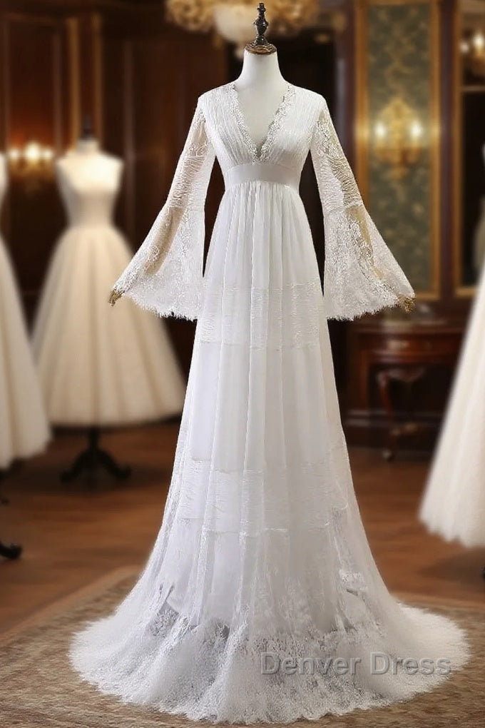 Elegant Long A Line V Neck Tulle Lace Wedding Dresses with Sleeves
