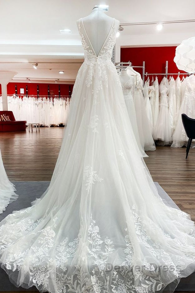 Elegant Long A Line V Neck Tulle Spaghetti Straps Lace Wedding Dresses
