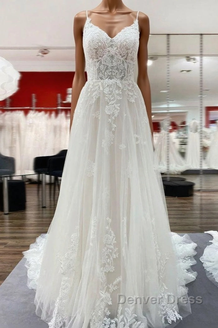 Elegant Long A-Line V Neck Tulle Spaghetti Straps Lace Wedding Dresses Main image
