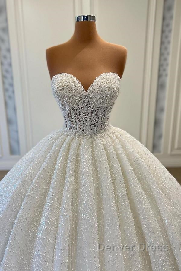 Elegant Long Ball Gowns Sweetheart Sleeveless Sequined Tulle Lace Wedding Dresses
