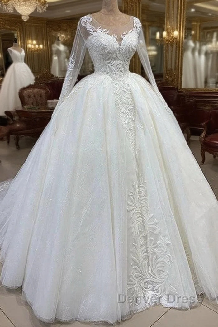 Elegant Long Ball Gown Sweetheart Tulle Wedding Dresses with Sleeves Main image