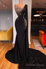 Elegant Long Black Mermaid Beading Lace Prom Dresses