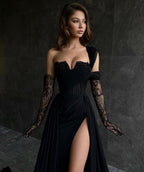 Elegant Long Black One Shoulder Sleeveless Lace Prom Dresses With Sit