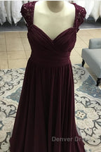 Elegant Long Chiffon Backless Bridesmaid Dresses Lace Cap Sleeves