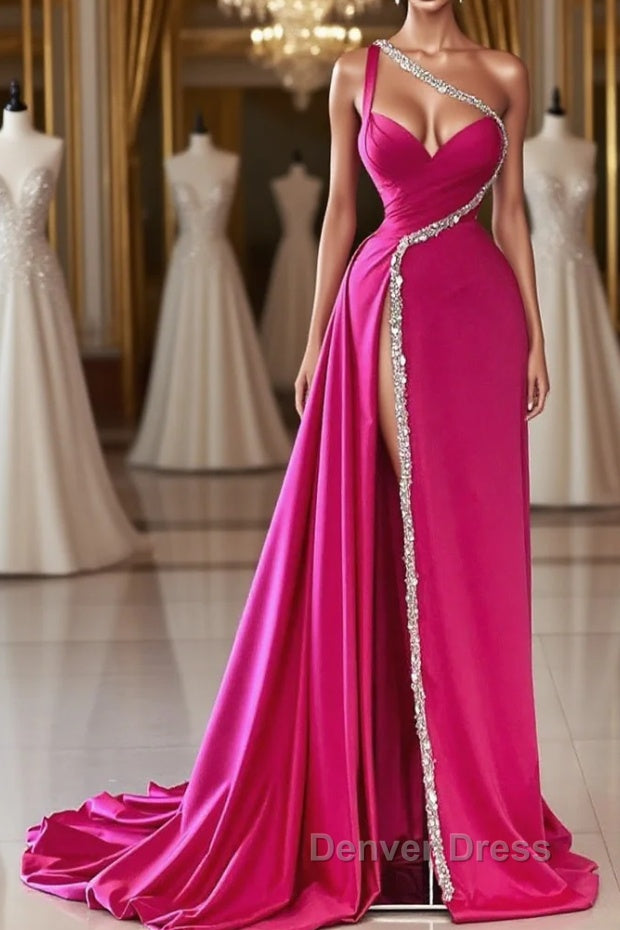Elegant Long Fuchsia One Shoulder Jewels Sleeveless Prom Dresses Long Slit Online Main image