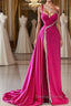 Elegant Long Fuchsia One Shoulder Jewels Sleeveless Prom Dresses Long Slit Online