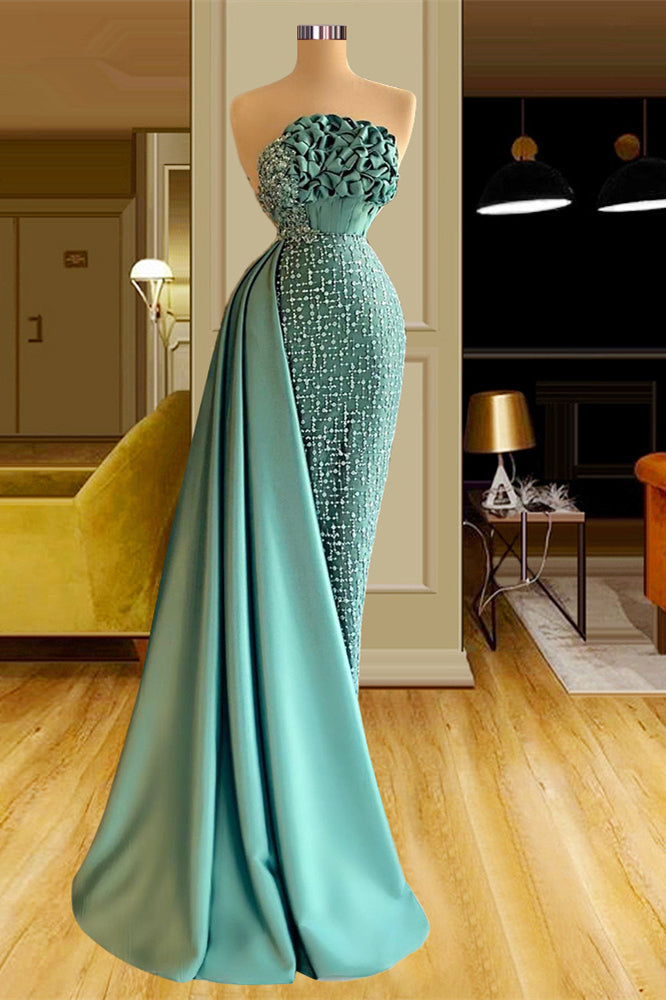 Elegant Long Green Mermaid Sleeveless Beading Prom Dresses With Ruffles Long Main image