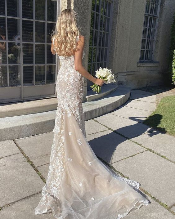 Elegant Long Mermaid Lace Applique Prom Dress Wedding Dress Prom Dresses
