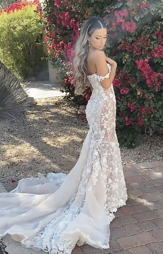 Elegant Long Mermaid Lace Applique Prom Dress Wedding Dress Prom Dresses