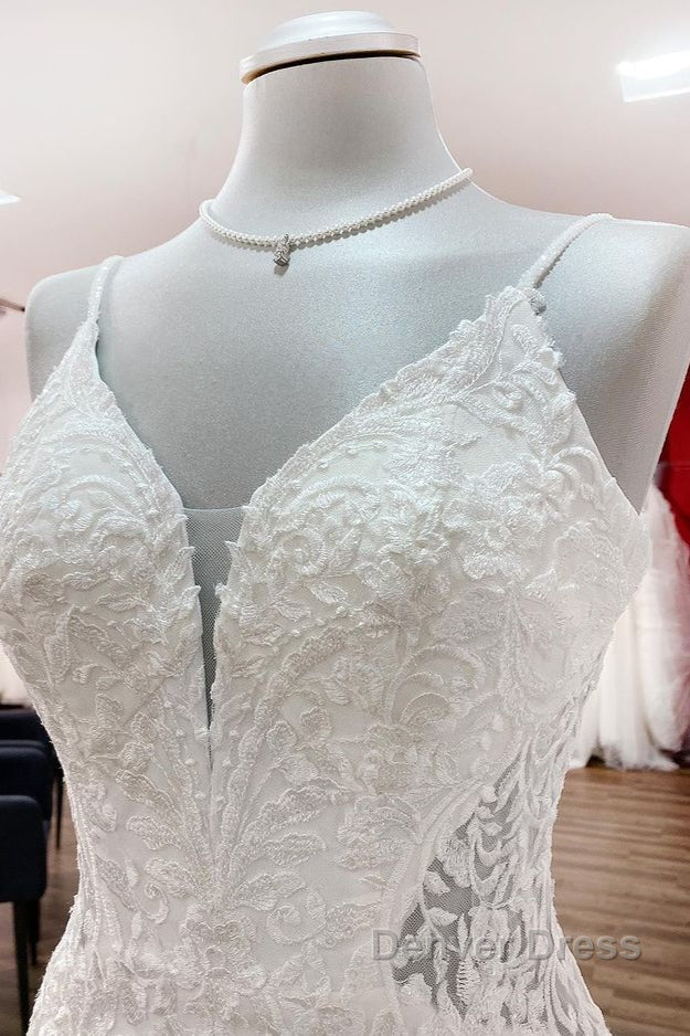 Elegant Long Mermaid Spaghetti Straps Lace Satin Open Back Wedding Dresses