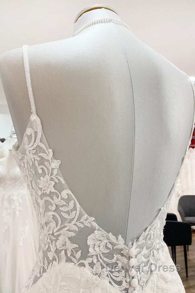 Elegant Long Mermaid Spaghetti Straps Lace Satin Open Back Wedding Dresses