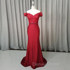 Elegant Long Mermaid Spandex Off Shoulder Party Dresses, Wine Red Bridesmaid Dresses