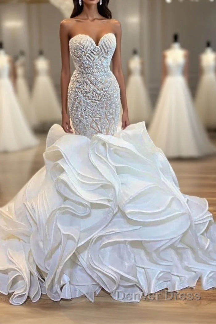 Elegant Long Mermaid Sweetheart Lace Up Crystal Wedding Dresses Main image