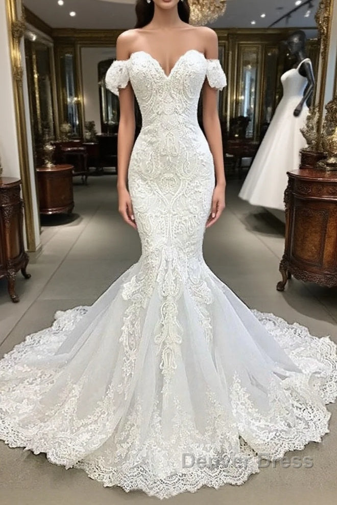 Elegant Long Mermaid Sweetheart Lace Wedding Dresses with Sleeves Main image