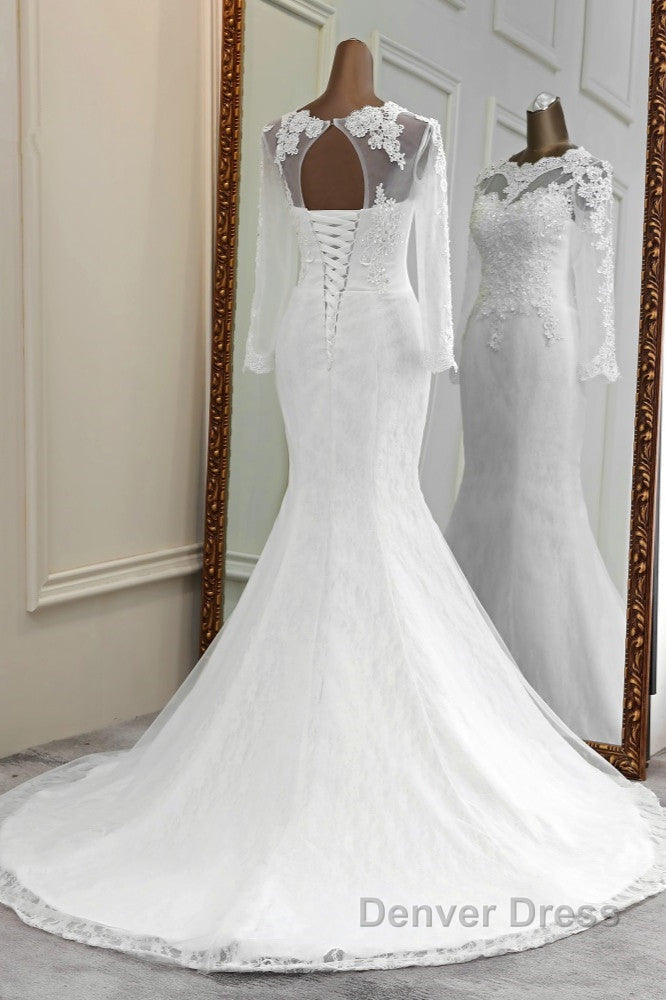 Elegant Long Mermaid Tulle Jewel Wedding Dresses with Sleeves