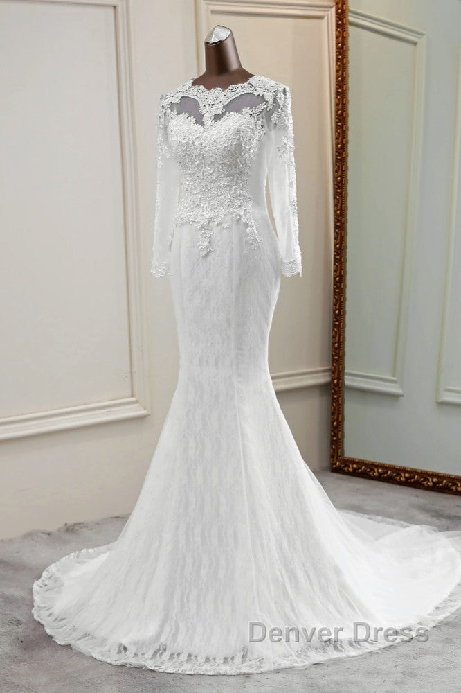 Elegant Long Mermaid Tulle Jewel Wedding Dresses with Sleeves