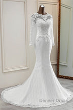 Elegant Long Mermaid Tulle Jewel Wedding Dresses with Sleeves