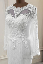 Elegant Long Mermaid Tulle Jewel Wedding Dresses with Sleeves