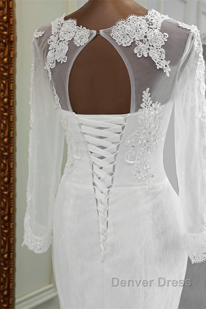 Elegant Long Mermaid Tulle Jewel Wedding Dresses with Sleeves