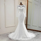 Elegant Long Mermaid Tulle Jewel Wedding Dresses with Sleeves