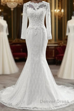 Elegant Long Mermaid Tulle Jewel Wedding Dresses with Sleeves