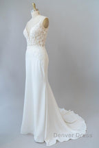 Elegant Long Mermaid V Neck Lace Backless Wedding Dresses