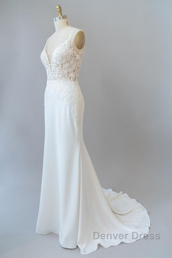 Elegant Long Mermaid V Neck Lace Backless Wedding Dresses