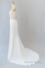 Elegant Long Mermaid V Neck Lace Backless Wedding Dresses