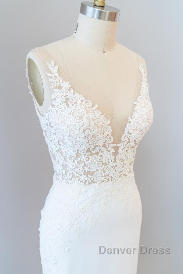 Elegant Long Mermaid V Neck Lace Backless Wedding Dresses