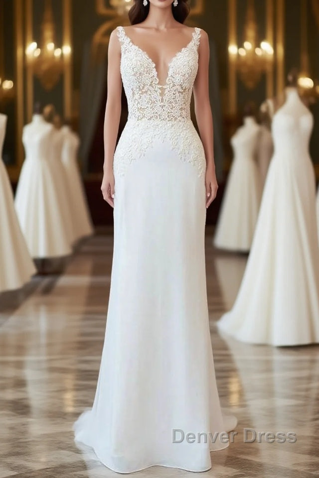 Elegant Long Mermaid V-neck Lace Backless Wedding Dresses