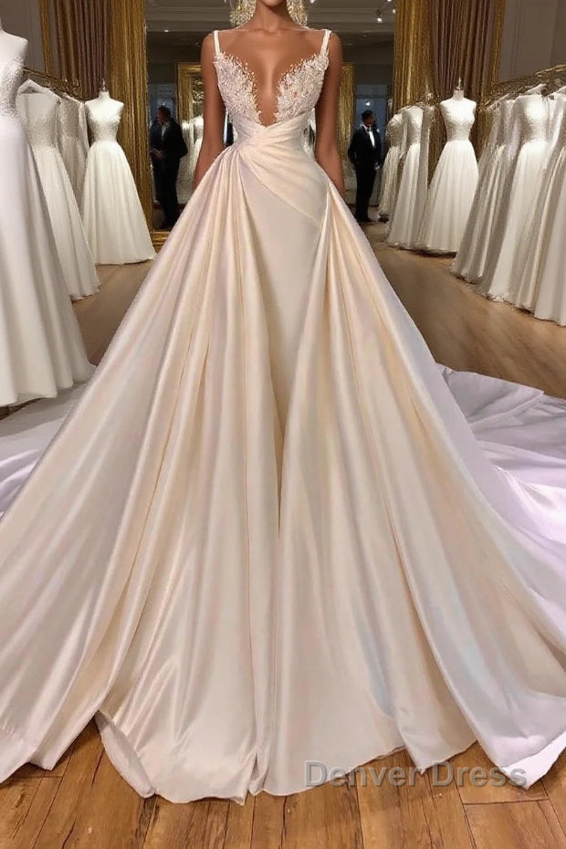 Elegant Long Mermaid V-neck Spaghetti Strap Satin Lace Wedding Dresses