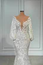 Elegant Long Mermaid V Neck Tulle Lace Wedding Dresses with Sleeves