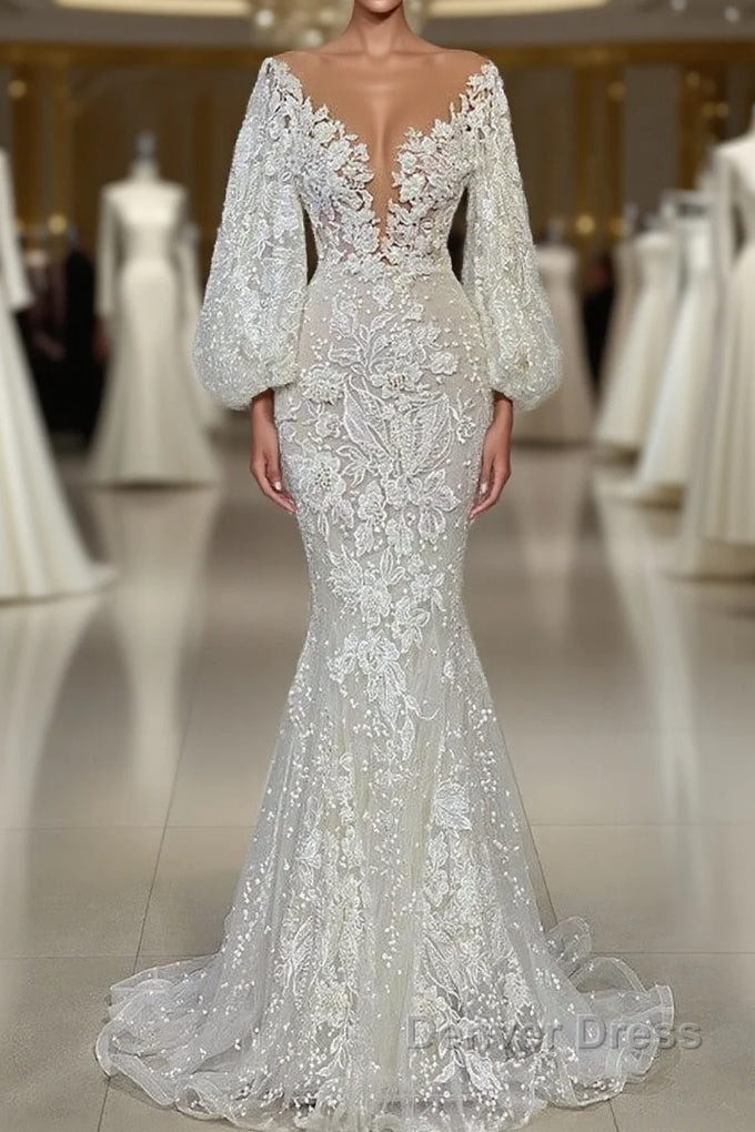 Elegant Long Mermaid V-neck Tulle Lace Wedding Dresses with Sleeves Main image