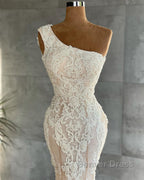 Elegant Long One Shoulder Appliques Lace Mermaid Wedding Dresses