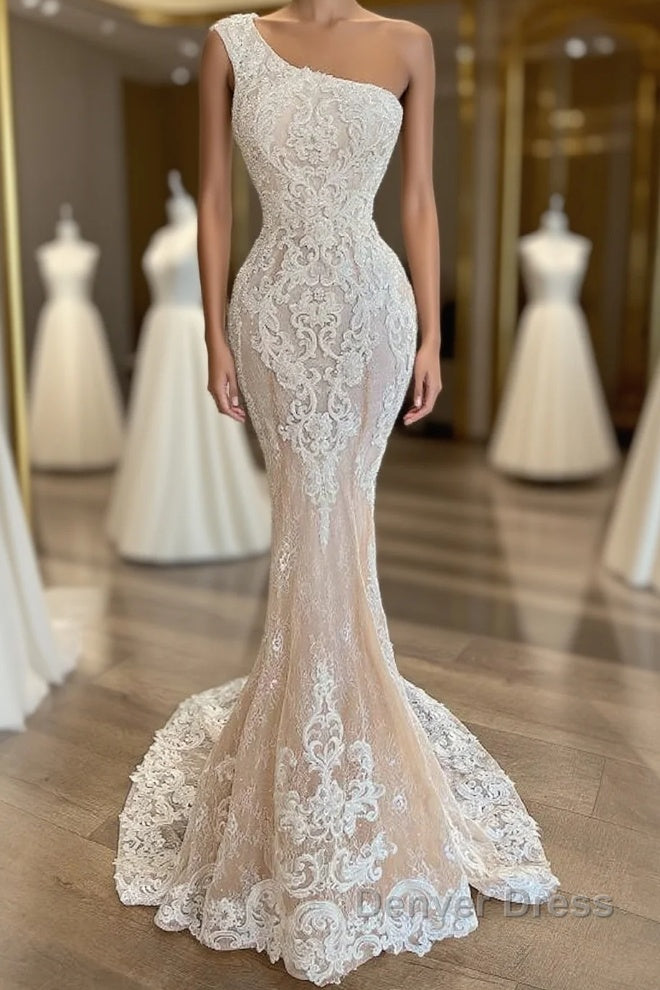 Elegant Long One Shoulder Appliques Lace Mermaid Wedding Dresses Main image