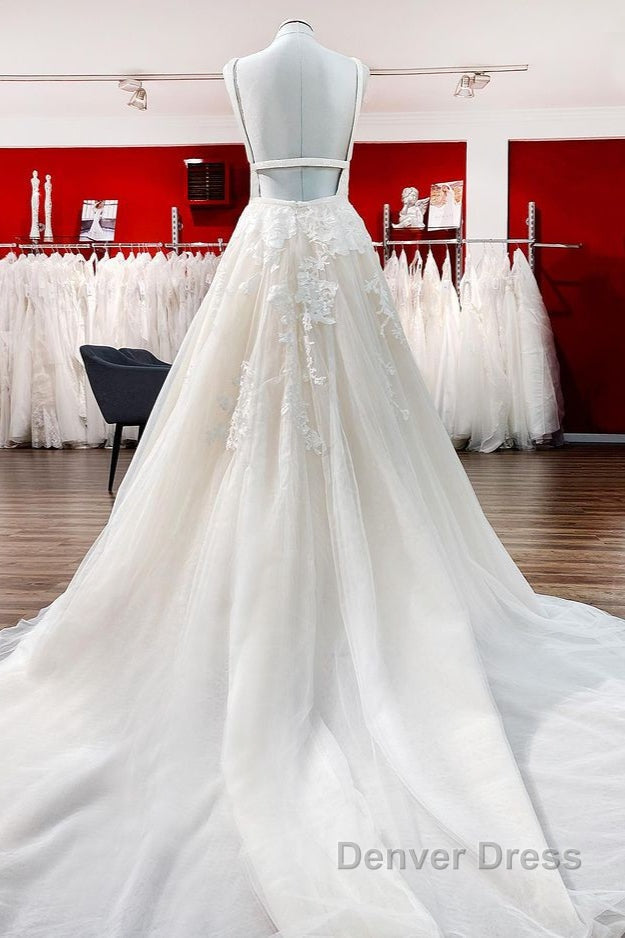 Elegant Long Princess V-neck Tulle Backless Wedding Dresses with Lace Secondary image