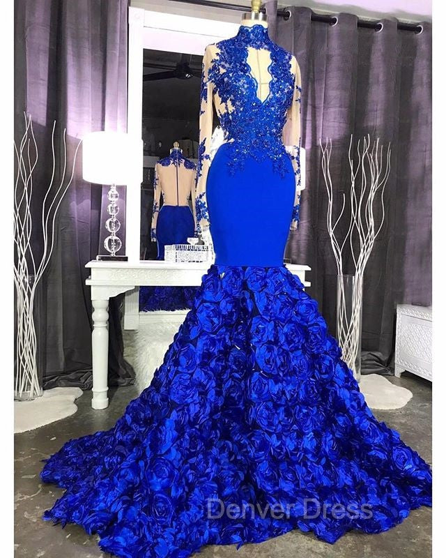 Elegant Long Sleeves Lace Appliques Prom Gown on Sale Fit and Flare Royal Blue Floral Prom Gown with Keyhole