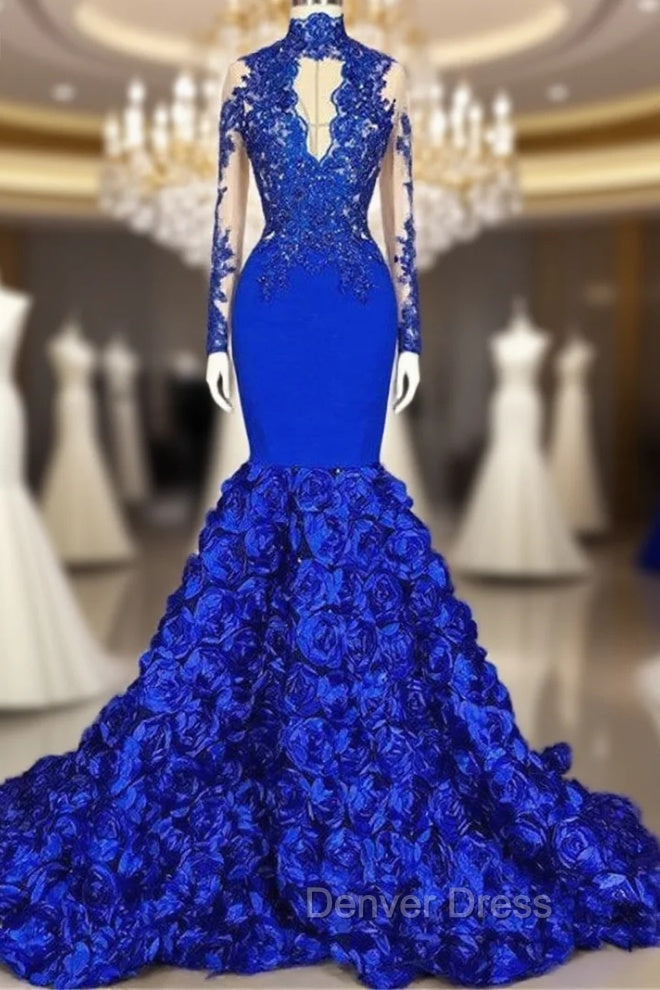 Elegant Long Sleeves Lace Appliques Prom Gown on Sale Fit and Flare Royal Blue Floral Prom Gown with Keyhole Main image