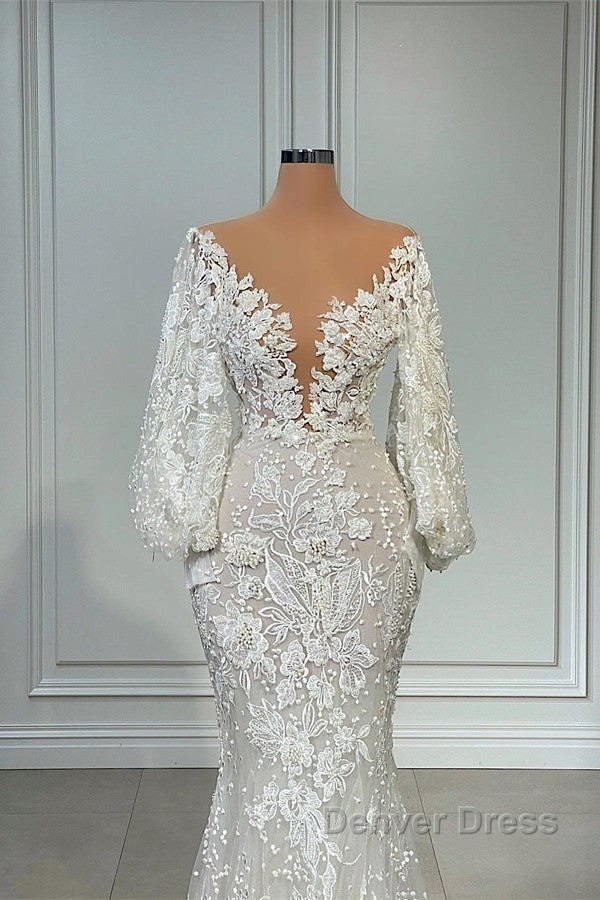 Elegant Long Sleeves Mermaid V Neck Tulle Lace Wedding Dresses