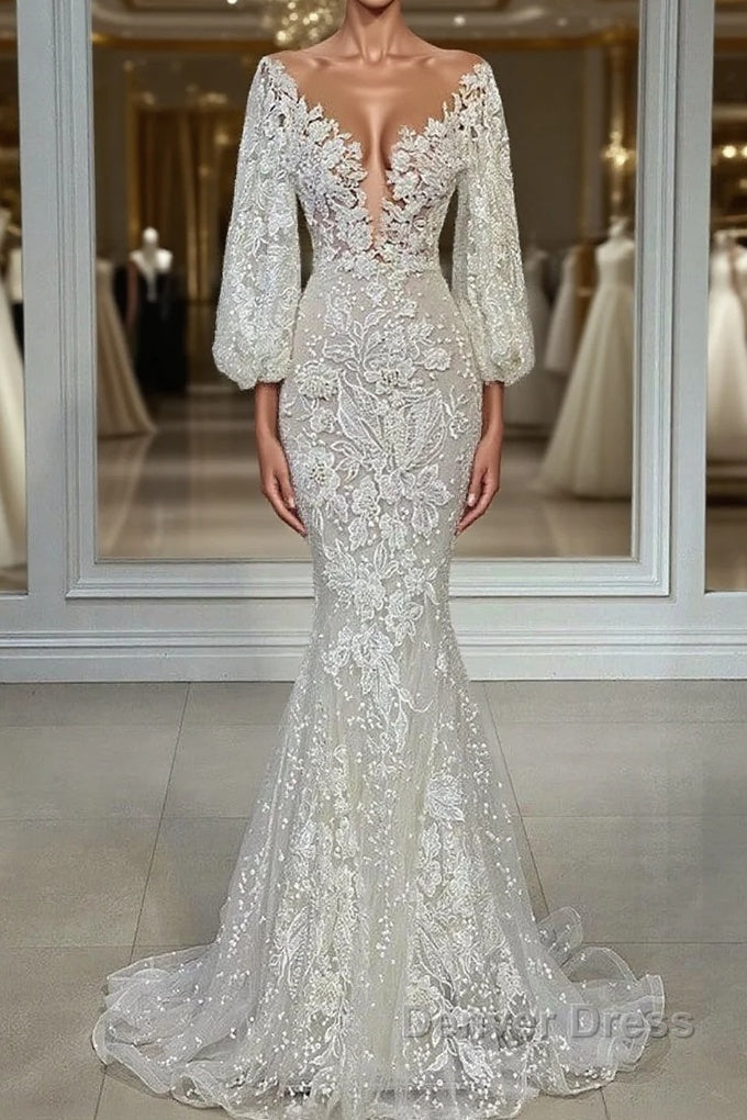 Elegant Long Sleeves Mermaid V-neck Tulle Lace Wedding Dresses