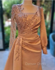 Elegant Long Sleeves Prom Dresses Floral Evening Party Dresses with Side Sweep Train