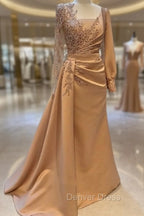 Elegant Long Sleeves Prom Dresses Floral Evening Party Dresses with Side Sweep Train